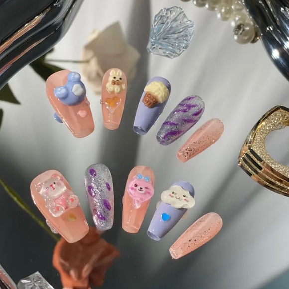 Gorgeous handmade 3D press-on pink and purple charm nails. (Nail Glue Included!) - Picture 7 of 7